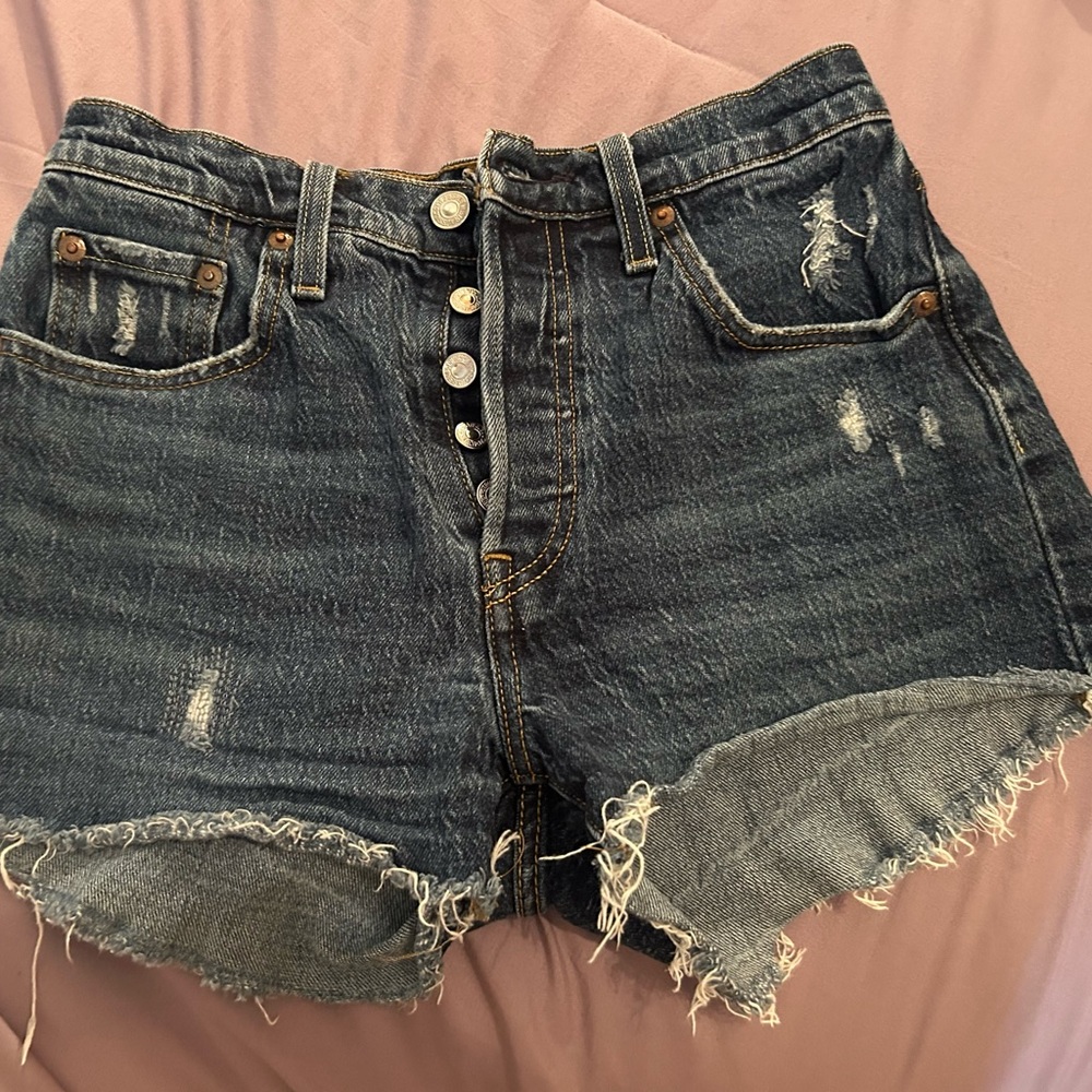 Levi's 501 Dark Blue Distressed Jean Shorts - Picture 3 of 4